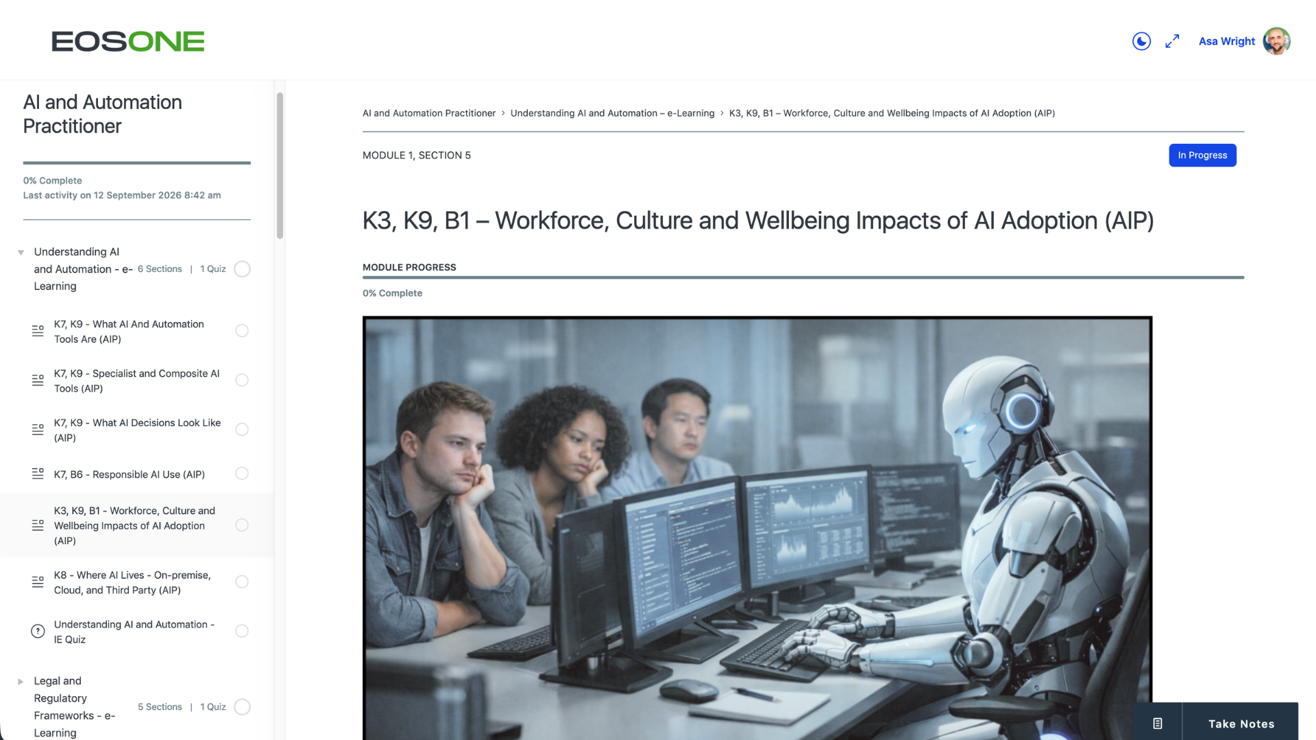EOS AI e-learning content inside a course section