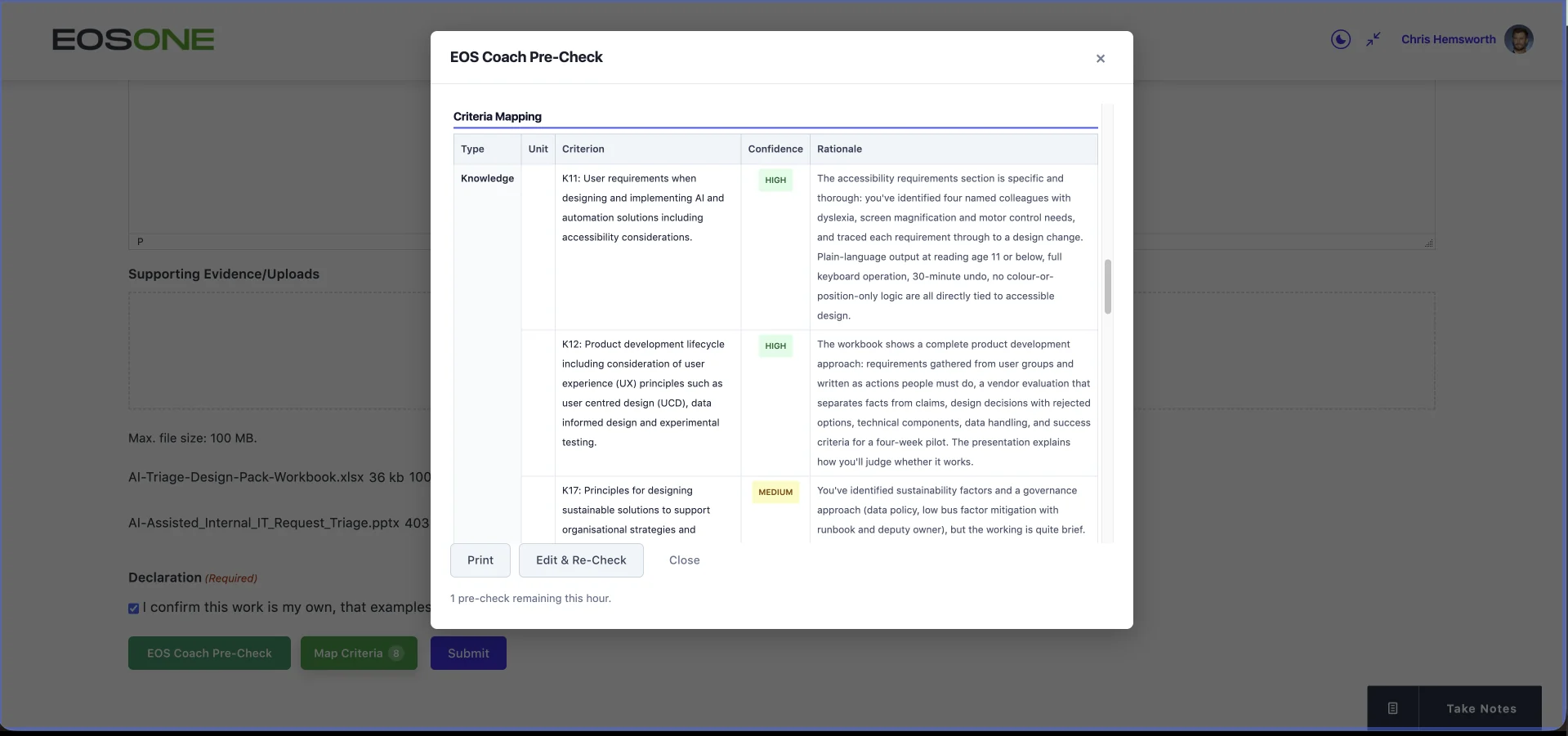 EOS Coach Pre-Check criteria mapping, with confidence and rationale for each KSB