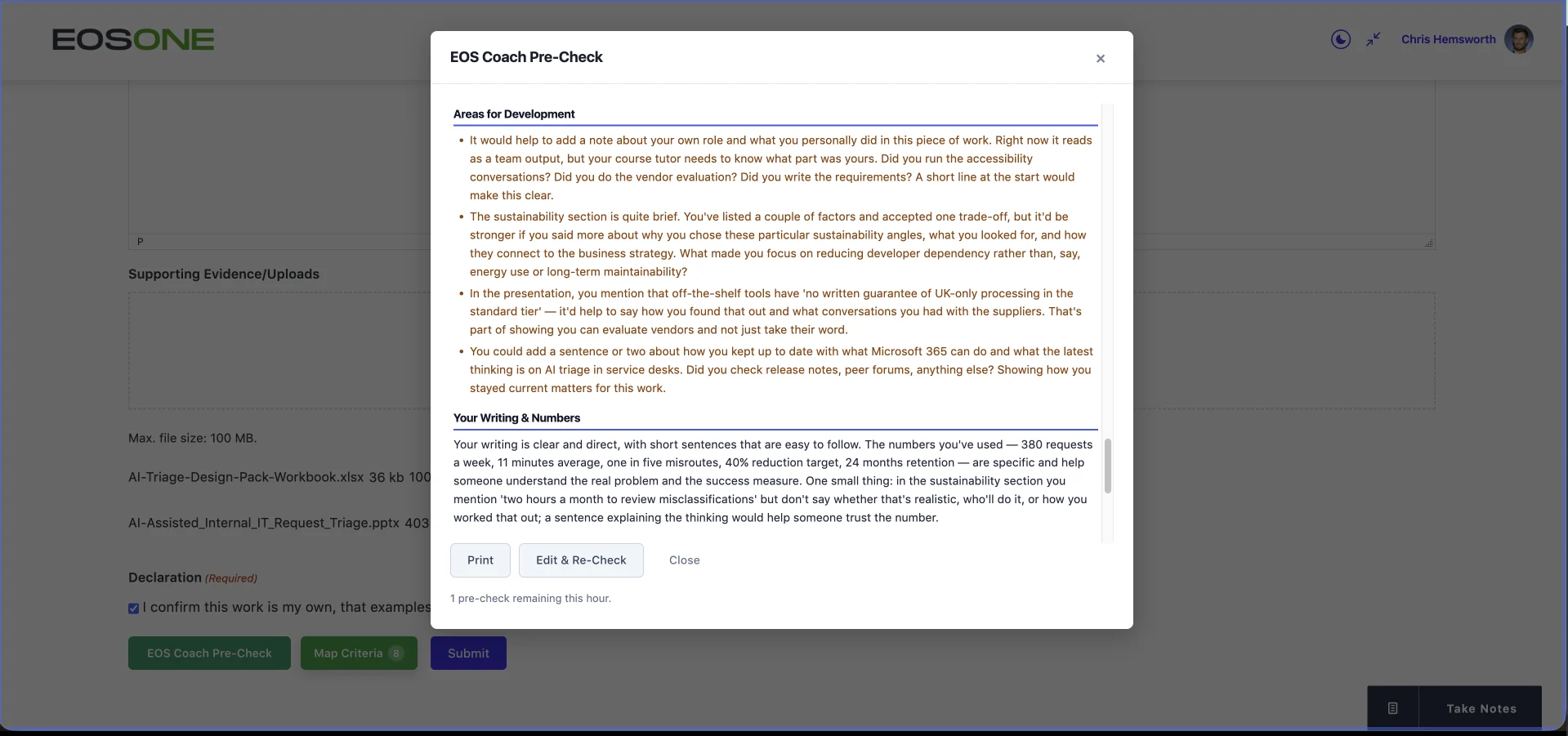 EOS Coach Pre-Check areas for development and feedback on writing and numbers