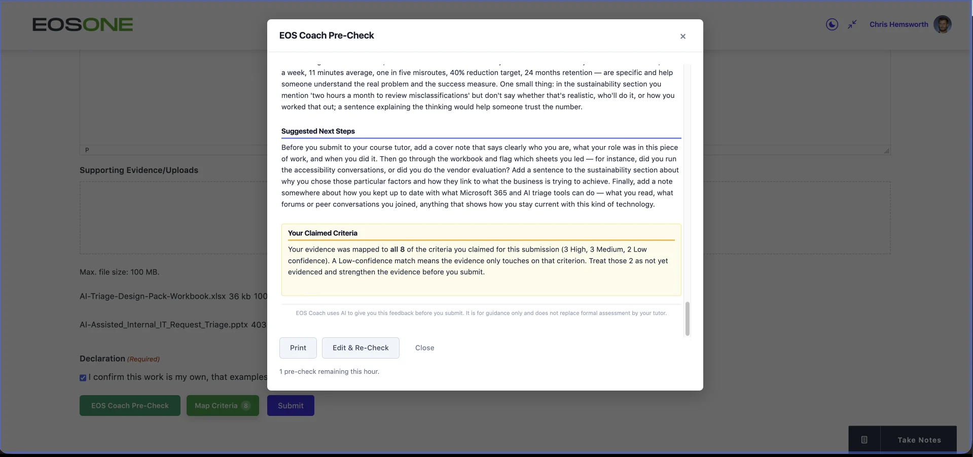 EOS Coach Pre-Check suggested next steps and claimed criteria summary
