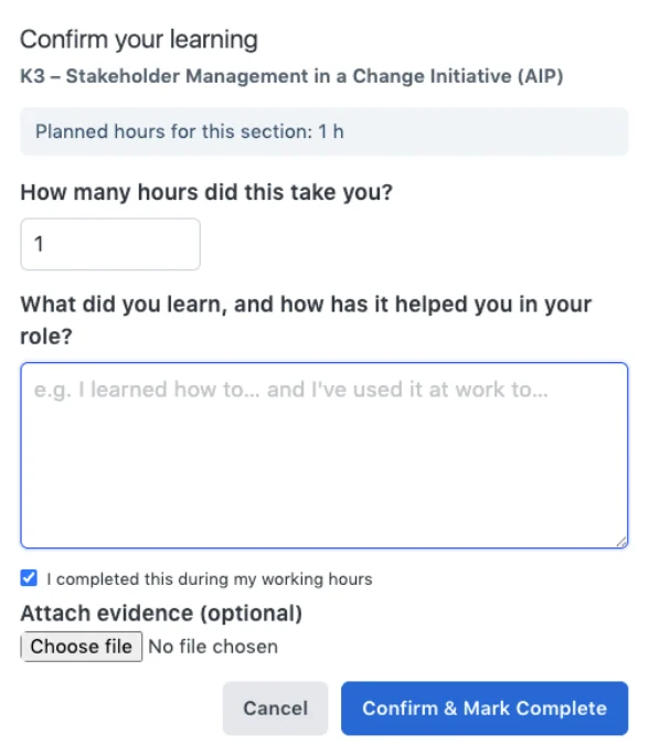 EOS pop-up asking the learner to confirm hours and what they learned when they complete a section